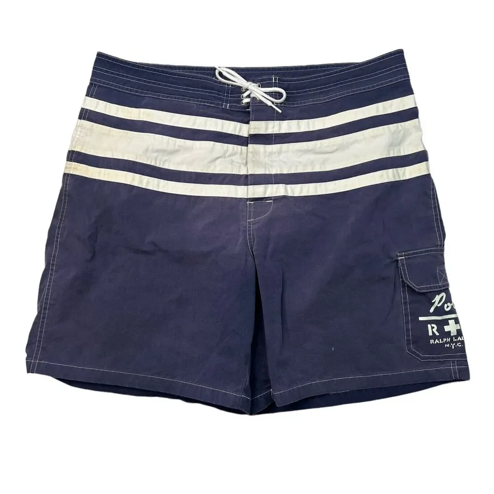Polo Ralph Lauren Mens VTG Striped Swim Trunk Board Shorts Navy Blue White 38